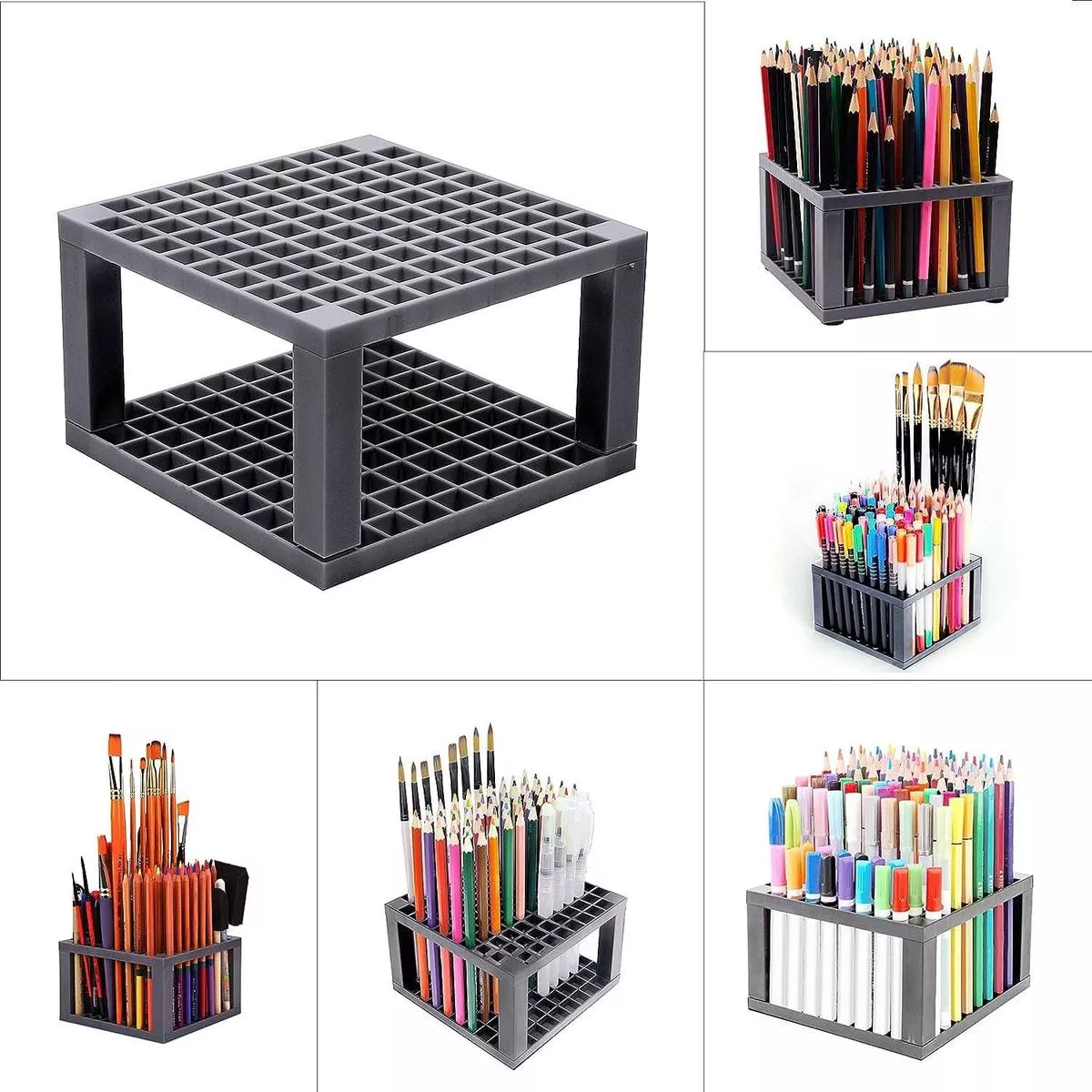 (Buy 1 Get 1 Free ) 96-Hole Pencil & Brush Holder | Grey Desk Organizer Stand for Pens, Paint Brushes & Stationery
